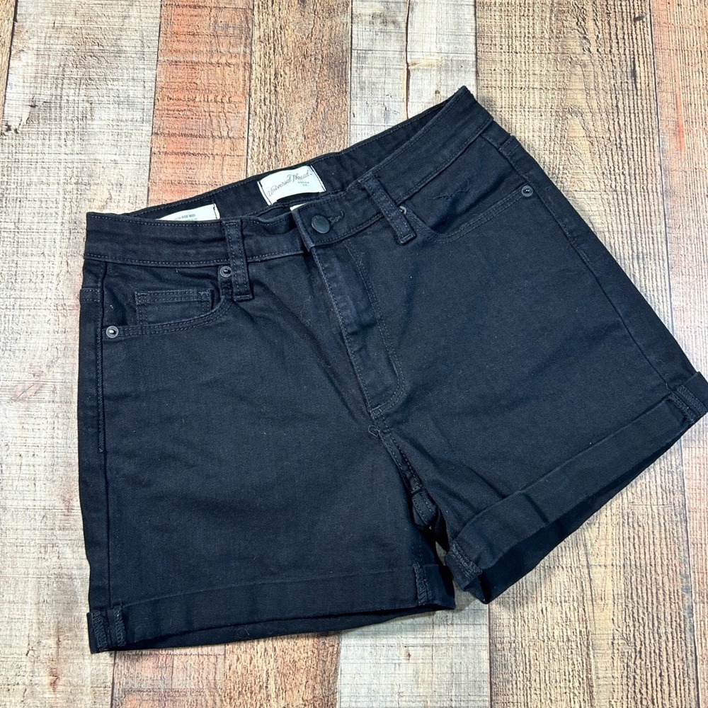 Universal Thread Black Denim High Rise Midi Shorts Cuffed Stretch 6 28 Summer